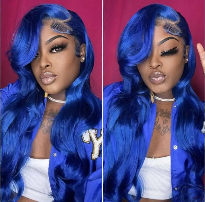 Peruca de Onda do Corpo Azul Escuro para Mulheres, 13x4 HD Lace Front Cabelo Humano, Céu Azul Brasileiro Ciano HD Lace Frontal Perucas, 100% Cabelo Humano