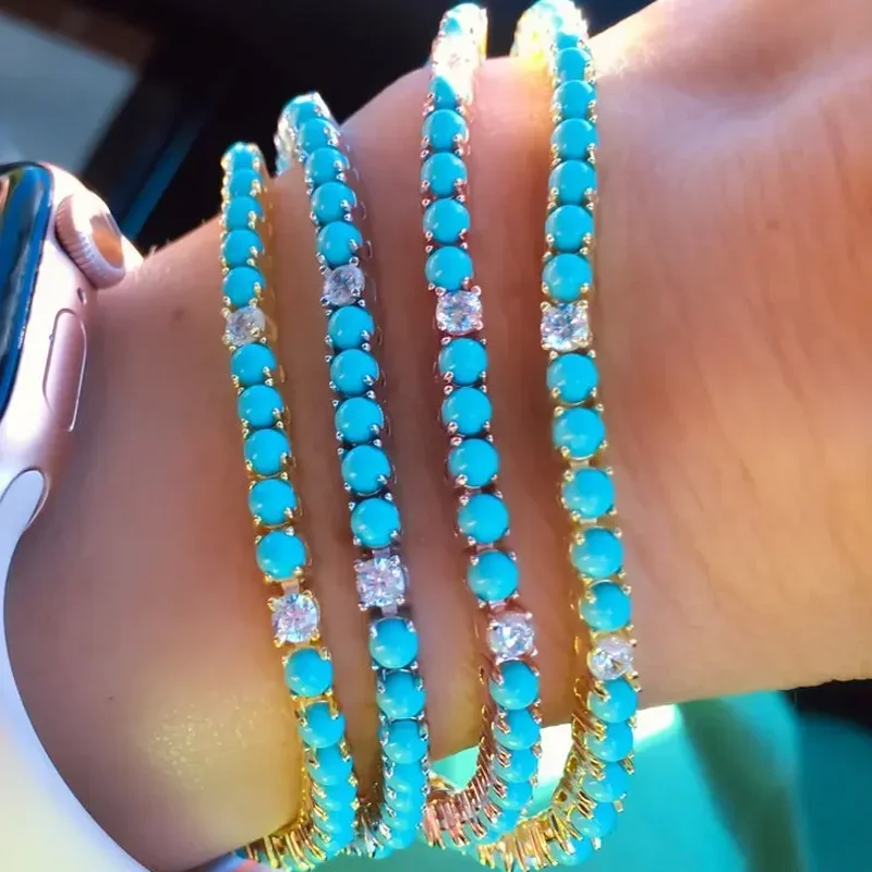 2025 New Mix White Turquoises Round 3MM CZ Prong Set Tennis Chain Bracelet Gold Color Fashion High Quality Women Jewelry
