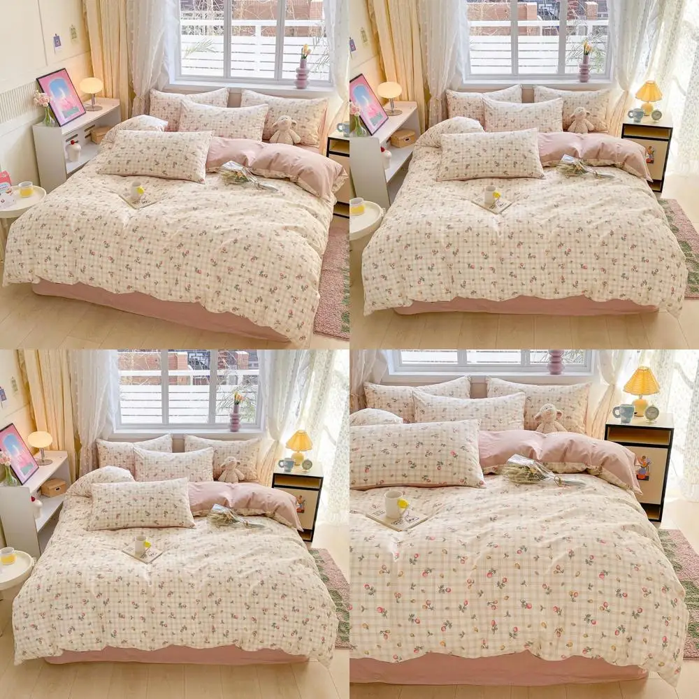 

Queen Size Cotton Duvet Cover Set - Red & Yellow Strawberry Floral Design on Cream, 1 Comforter Cover & 2 Pillowcases for All Ag