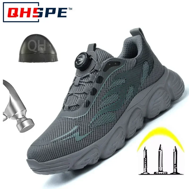 回転ボタン作業安全靴男性反射鋼つま先の靴不滅の作業スニーカー保護安全靴サイズ-47-48