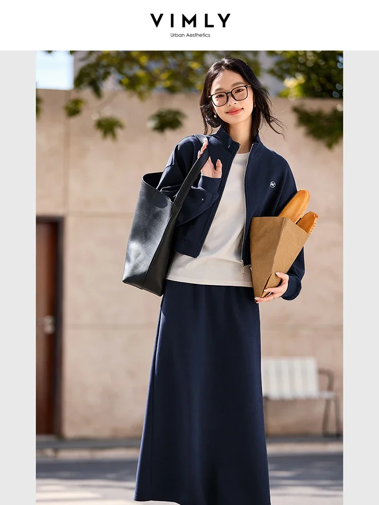 VIMLY Women Fashion Elegant 2pcs Sets 2025 Spring Sport Casual Cardigan Jacket+Straight Slit With Back Hem Skirt Commuter Sets