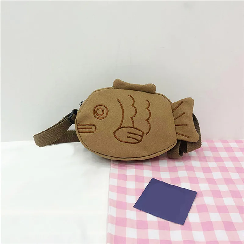 Fish Shape Canvas Messenger Bag Fashion Cute Embroidery Portable Zippered Small Purses Handbags Mini Crossbody Bag