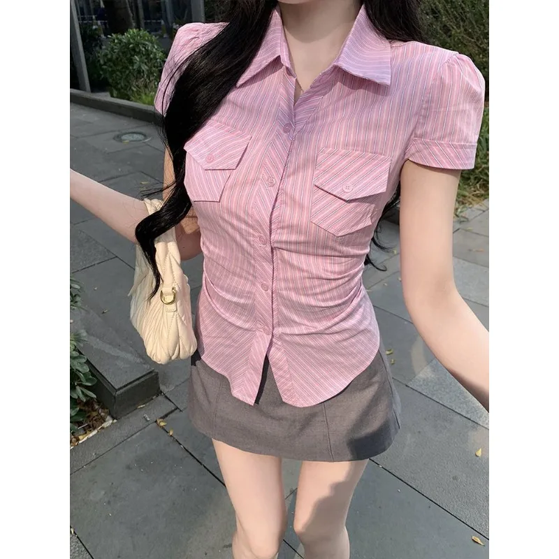

Korean Striped Lapel Shirt Women Slim Waist Short Sleeve Pocket Casual Commute Blouse