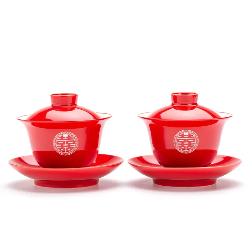 Gaiwan 2 Suits Porcelain Teacups 200ml Cups Chinese Double Happiness Cover Bowl Saucer for Red Wedding Party Marriage Supplies