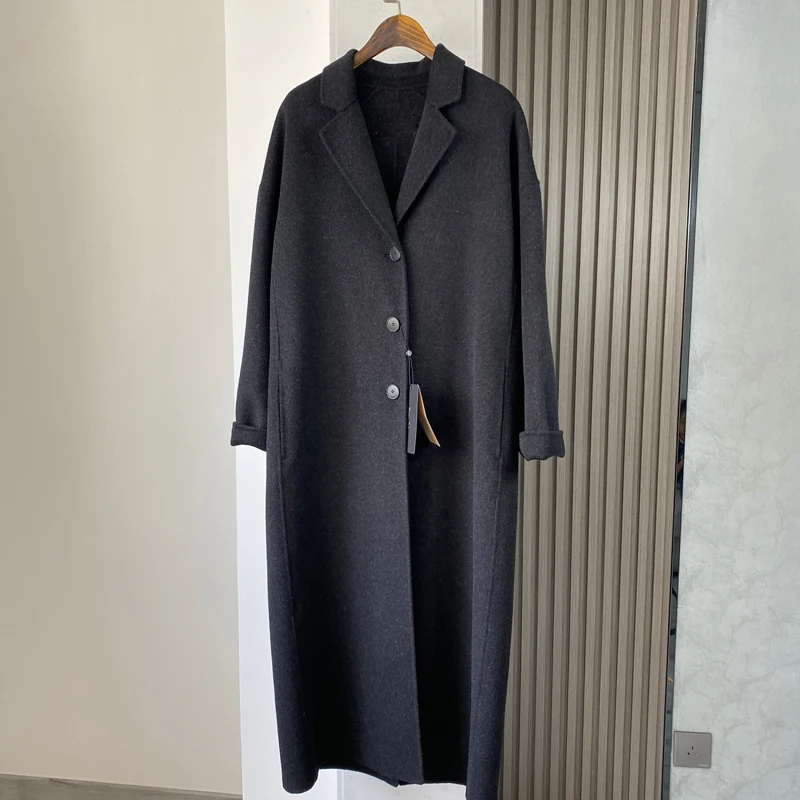 Autumn Winter Wool Coat Women Grey Wool Turn-Down Collar Long Sleeve Single Breasted Long Wool Coat Female Long Wool Jacket