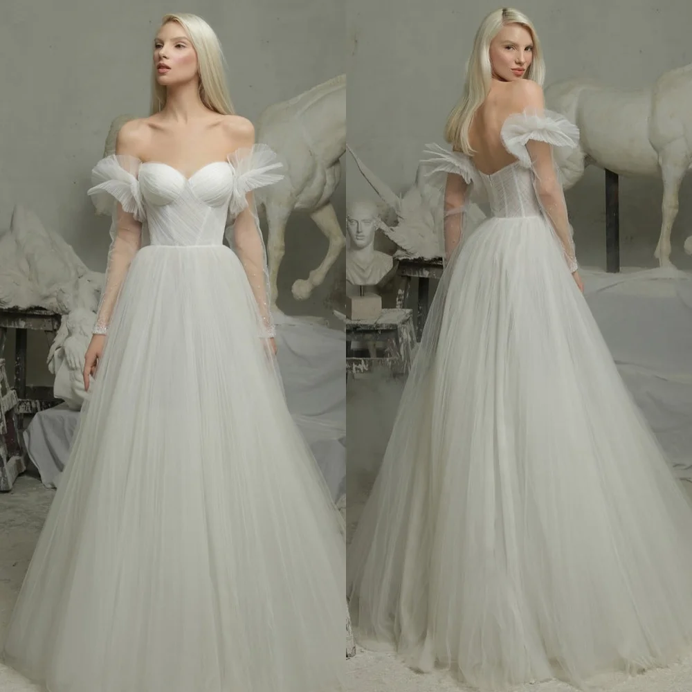 

Customized High Quality Classic Tulle Sequined Pleat A-line Off-the-shoulder Long Dresses Bespoke Occasion Dresses Modern Style