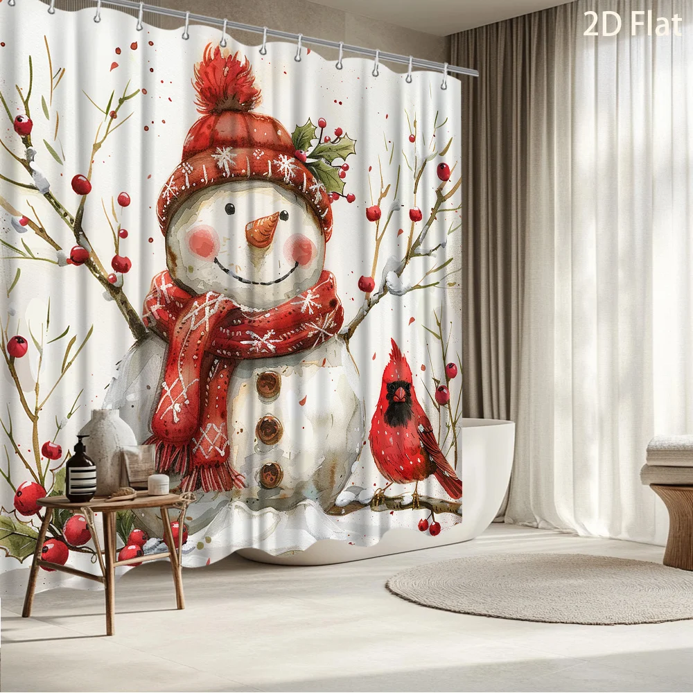 1pc 2D Flat Christmas Shower Curtain, Snowman with Red Hat Scarf, Cardinal & Ivy Winter Outdoor Scene, With 12 Hooks