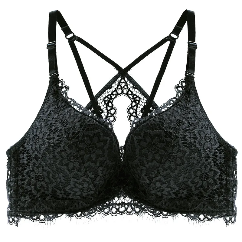 Sexy Beautiful Back Small Breasts Bra Crop Top Front Closure Push Up Seamless Brassiere Lace Embroidered Bralette Section