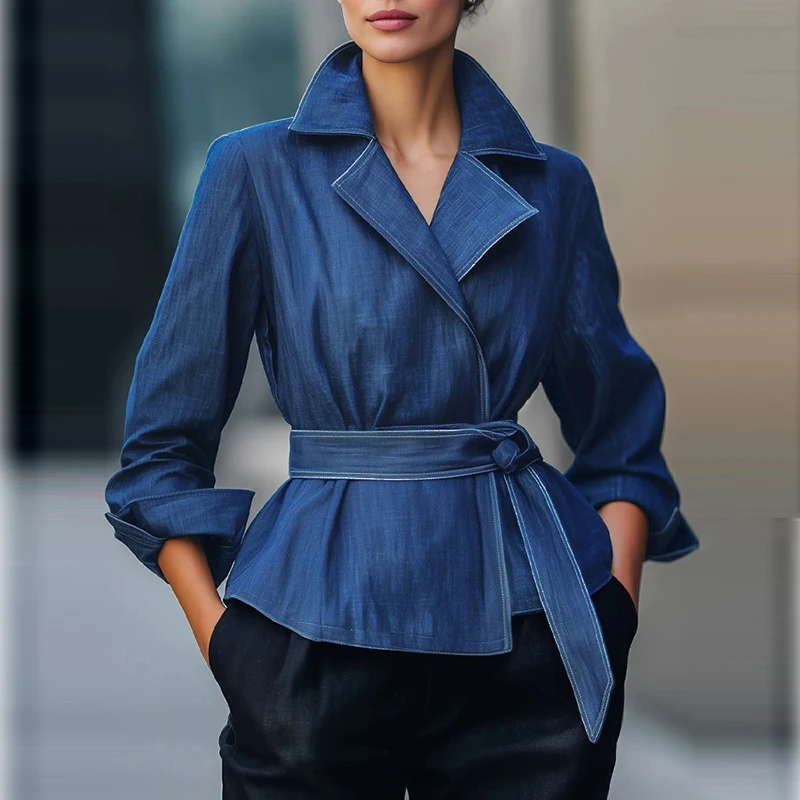 Fall Spring 2026 Fashion Denim Jean Jacket Woman Long Sleeves Vintage Blue Autumn Casual Outerwear with Belt for Female