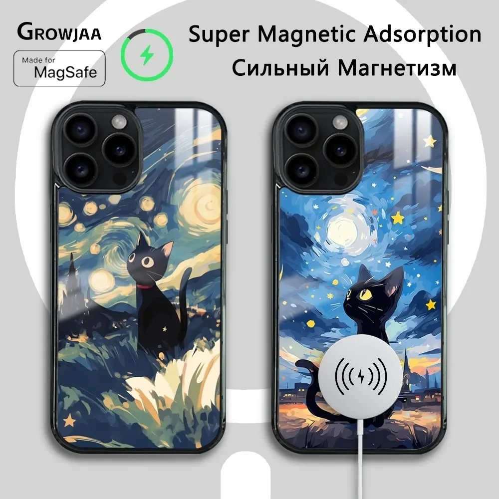 Van Gogh Funny Cat Phone Case For iPhone 16 15 14 13 12 11 Pro Max Plus Mini New Magsafe Mirror Wireless Magnetic Cover