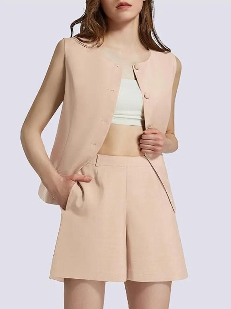 HKSH Women Suit Fashionable Elegant Single Breasted Patchwork Slim Sleeveless Vest Chic Solid Color Shorts Two Piece Set HK26517