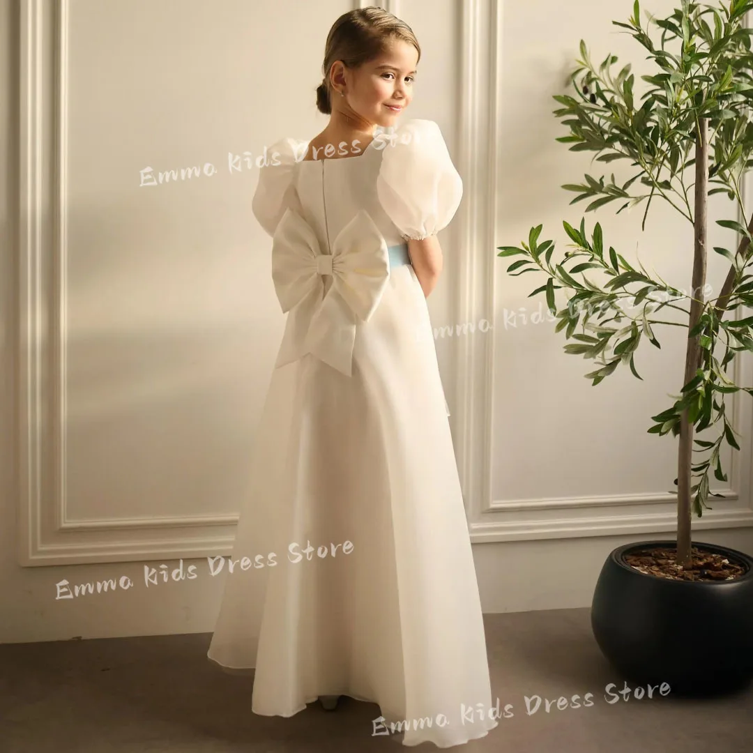 

DROISCustomized Flower Girl DressesWedding White Organza with Bow Short Sleeve for Birthday Party Prom Holy Communion Ball Gown