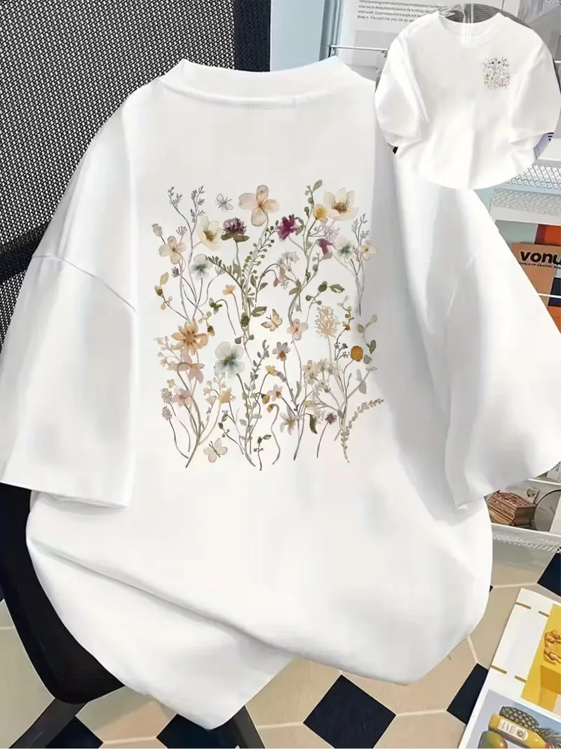 Camiseta informal de manga corta para mujer con estampado de flores pastel de doble cara, cuello redondo, corte relajado, camisetas para mujer para todas las estaciones