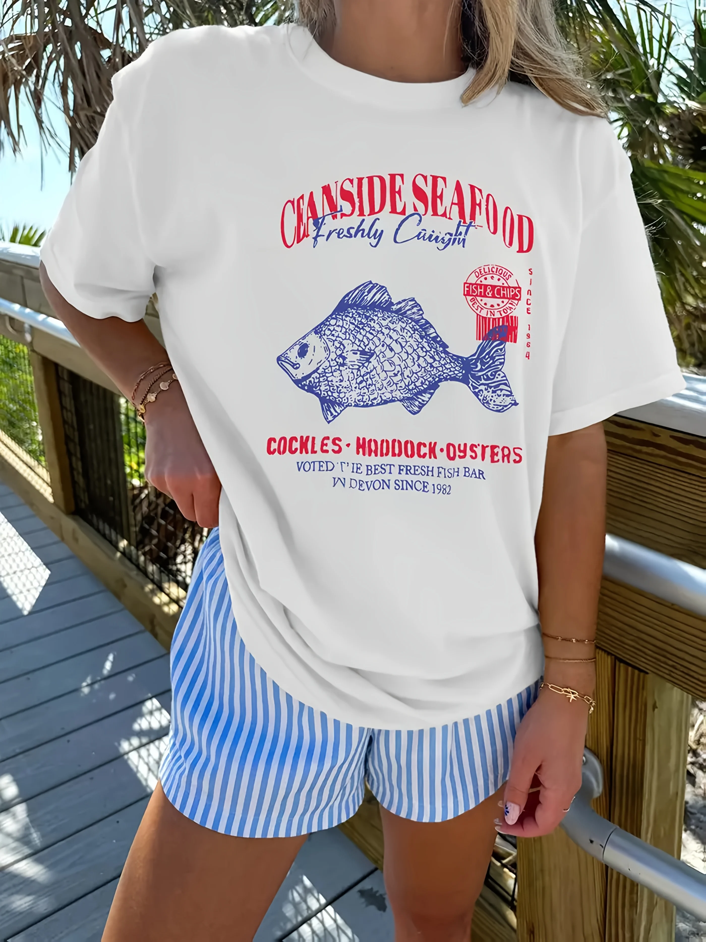 

Футболка с короткими рукавами и принтом морских морепродуктов и букв, повседневный и универсальный стиль, подходящий для женщин, чтобы носить все сезоны