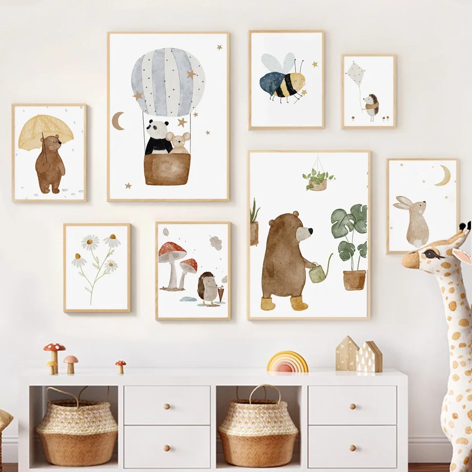 Cute Boho Animal Bear Hedgehog Koala Bee Rabbit Nursery Wall Art Canvas Painting Poster And Prints Baby Kids Room Decor