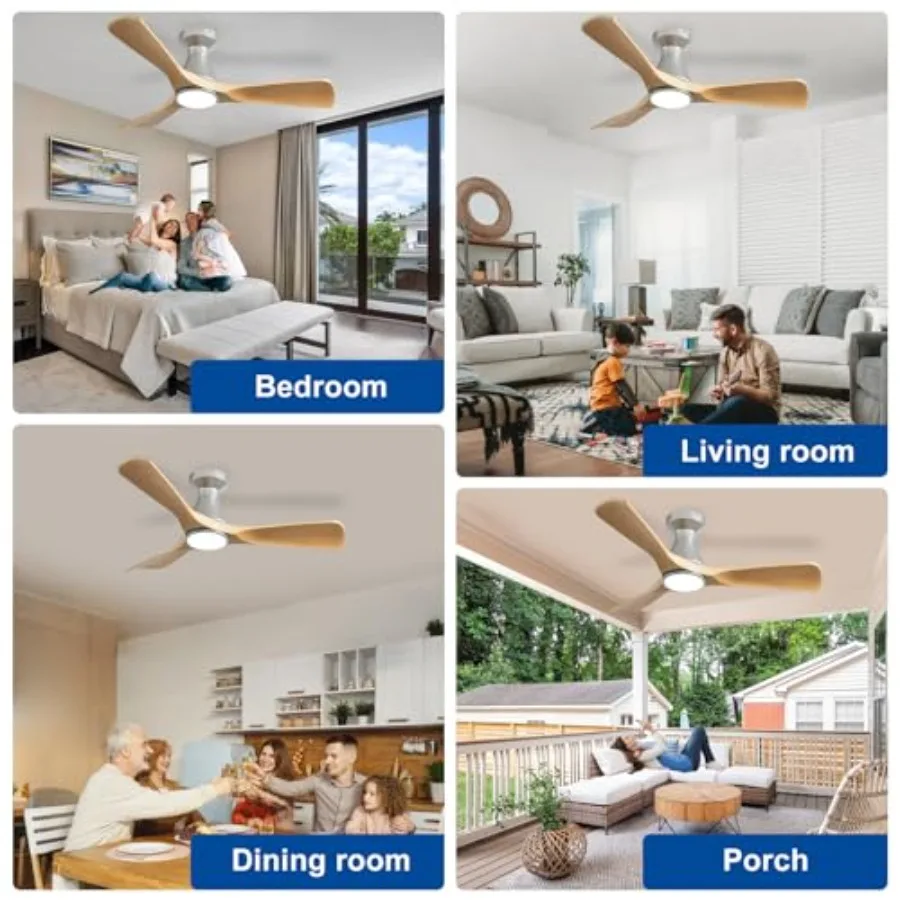 42-Inch Ceiling Fans with Lights: Wood 3 Blade Flush Mount Low Profile Ceiling Fan for Bedroom - Dimmable Indoor Outdoor Fan wi