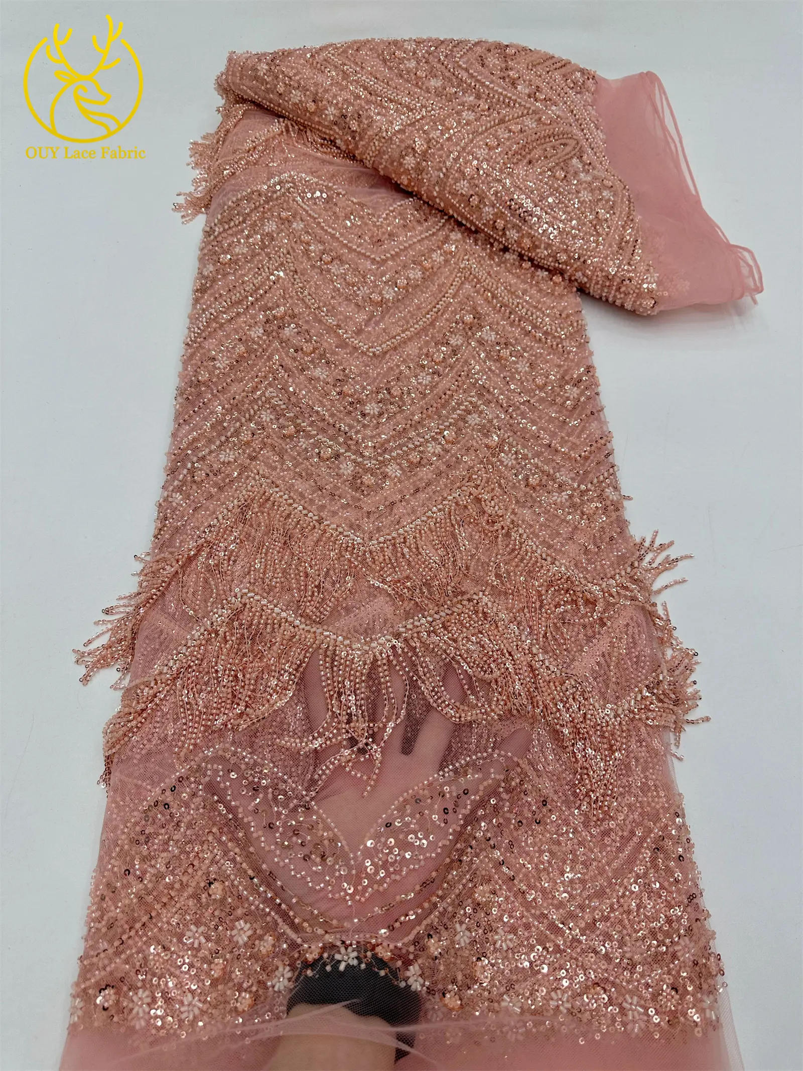 Hochwertiger 3D-Quasten-Perlen-Spitzenstoff, goldfarbener afrikanischer Perlen-Pailletten-Spitzenstoff, französische Tüllspitze für Hochzeitskleider, 5 Yards – Detail 19