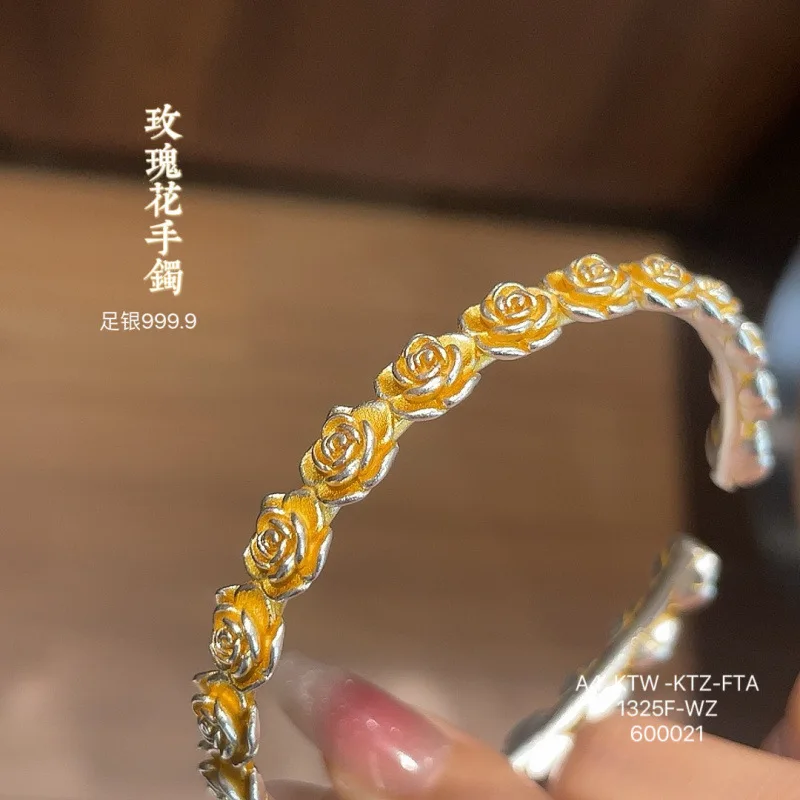 9999 Gold-Plated Rose Flower Bracelet Women, Solid Open Bangle, Vintage Style Silver Jewelry