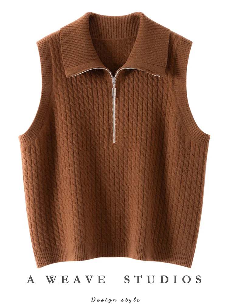 

Women Cashmere Sweater Waistcoat Half Zip Mock Neck Pullover Autumn Winter Sleeveless Twist Flower Loose Vest 100% Cashmere Knit