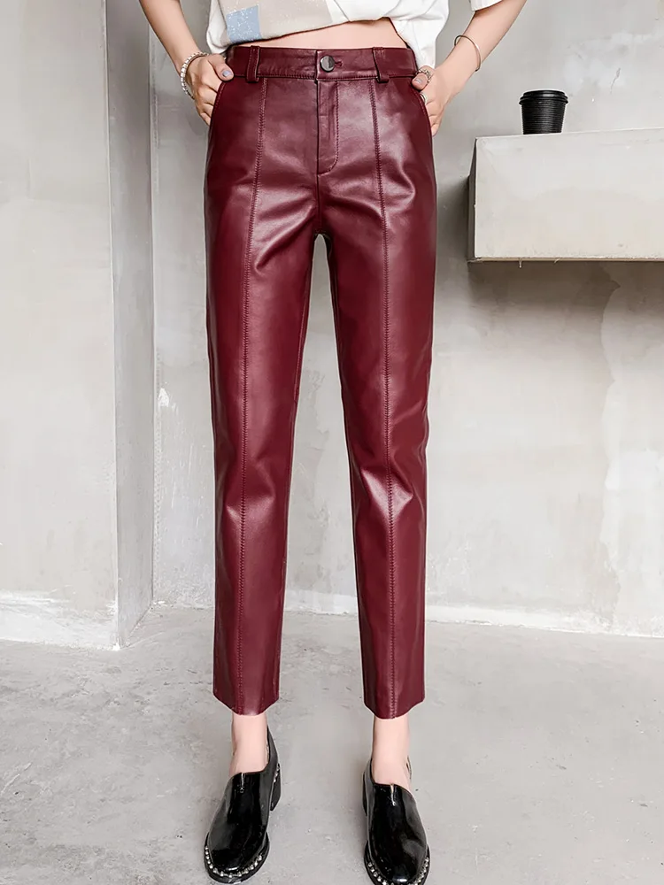 Women\'s Genuine Sheepskin Ankle Length Pencil Pants, OL Casual Leather Pants, Female Pencil Pants, Spring and Autumn