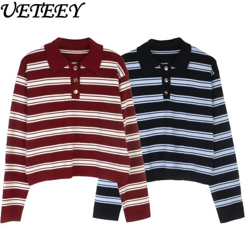 

Осень-зима, новый стиль, элегантный пуловер с отложным воротником, свободный модный полосатый повседневный вязаный свитер с длинными рукавами, куртка