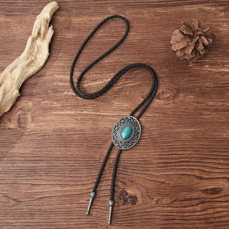 Bolo Tie for Men Western Cowboy Necktie with Carved Turquoise Buckle Gentleman Formal Meeting Costume Accessories