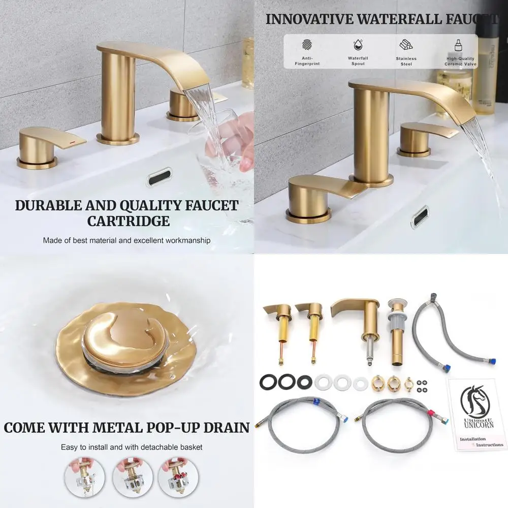 

8 Inch Champagne Bronze Bathroom Faucet with Pop-Up Sink Drain Stopper and 2 Supply Hoses
