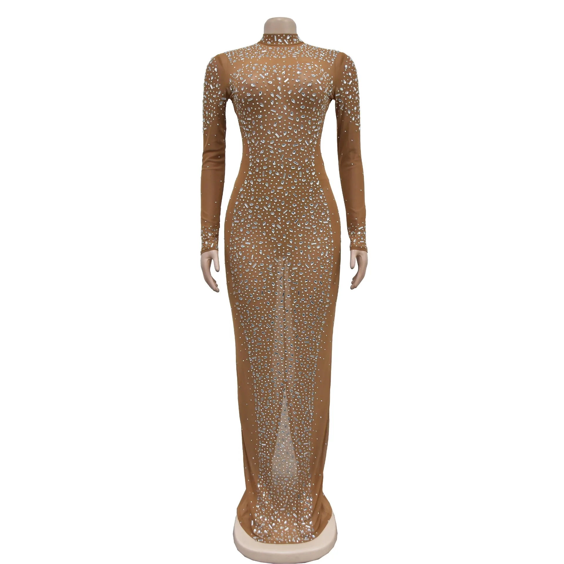 

Sexy Party Dance Gathering Club Banquet Nightclub Solid-Color Mesh Rhinestone-Embellished Long-Sleeve Maxi Dress