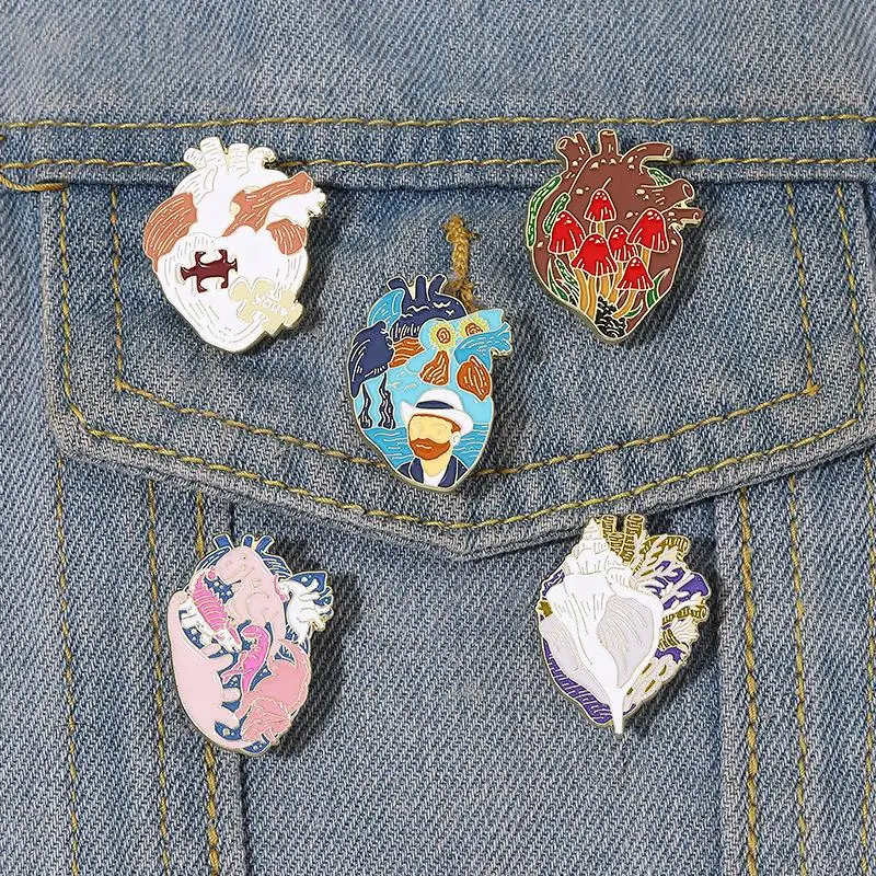 Oragn Heart Enamel Pin Custom Oil Painting Mushroom Dinosaur Puzzle Conch Brooch Lapel Badge Jewelry Gift for Kids Friends