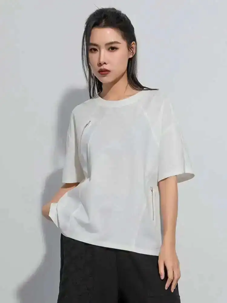 [EAM] Women Black Green Color-block Big Size Zipper T-shirt New Round Neck Short Sleeve Fashion Tide Spring Summer 2025 1DH5062 view 2