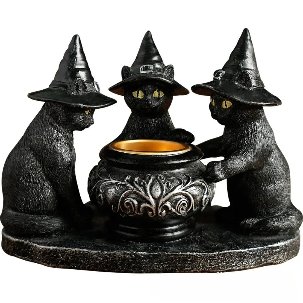 Halloween Decoration Figurines Familiar Cauldron Tea Light Holder Black Witches Cats Candlestick Holder Home Bar Table Ornaments