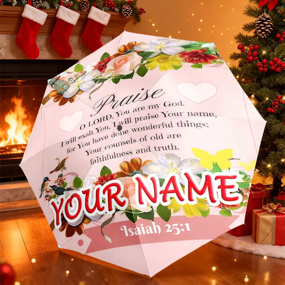 Custom Name Umbrella， Custom Pink Floral Christian Prayer Umbrella - Isaiah 25:1 Design ,Portable Folding Umbrella, Gift