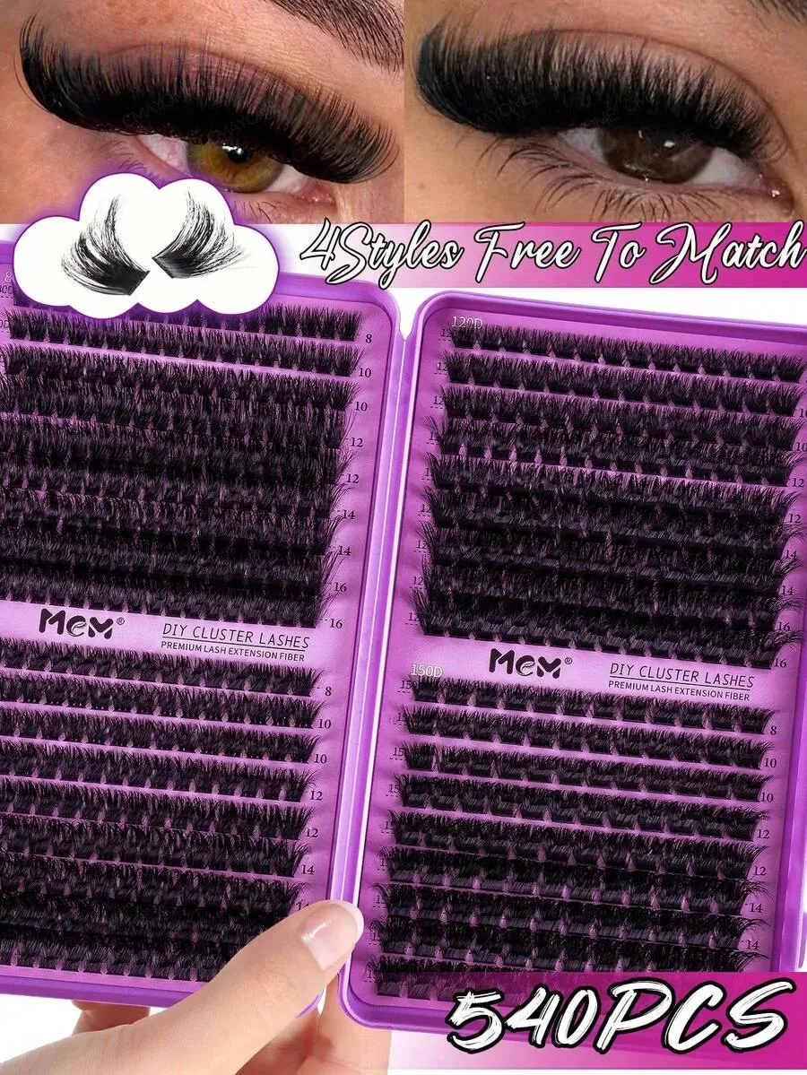 540-teiliges D-Curl Flauschiges Wimpernverlängerungs-Set, Gemischte Cluster-Wimpern, Langanhaltend für Anfänger, Heim/Reise/Party Make-up & Geschenk