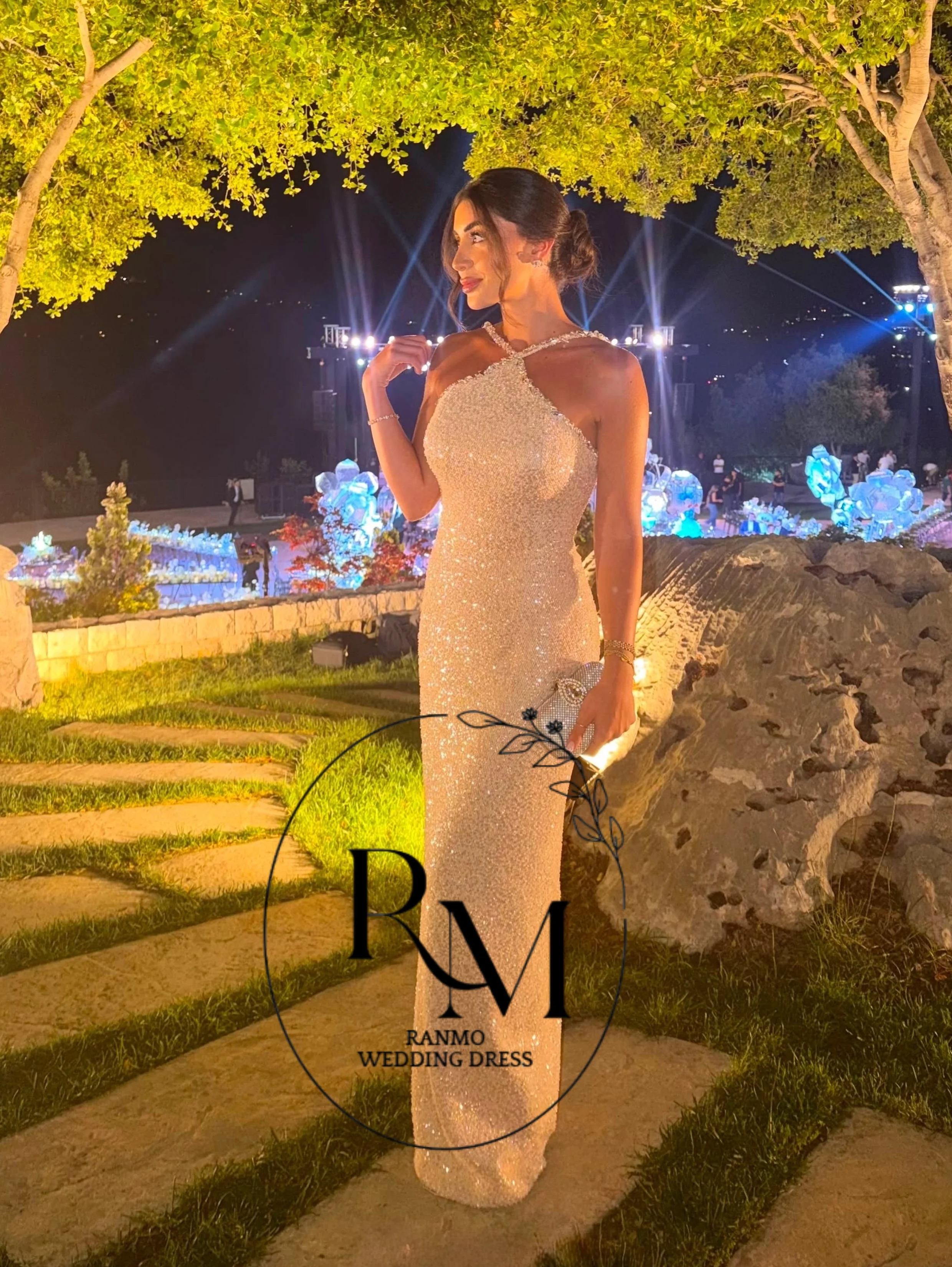 Ranmo Exquisite Halter Prom Dresses Shiny Sequin Beaded Backless Evening Dress Mermaid Wedding Party Dress Customized