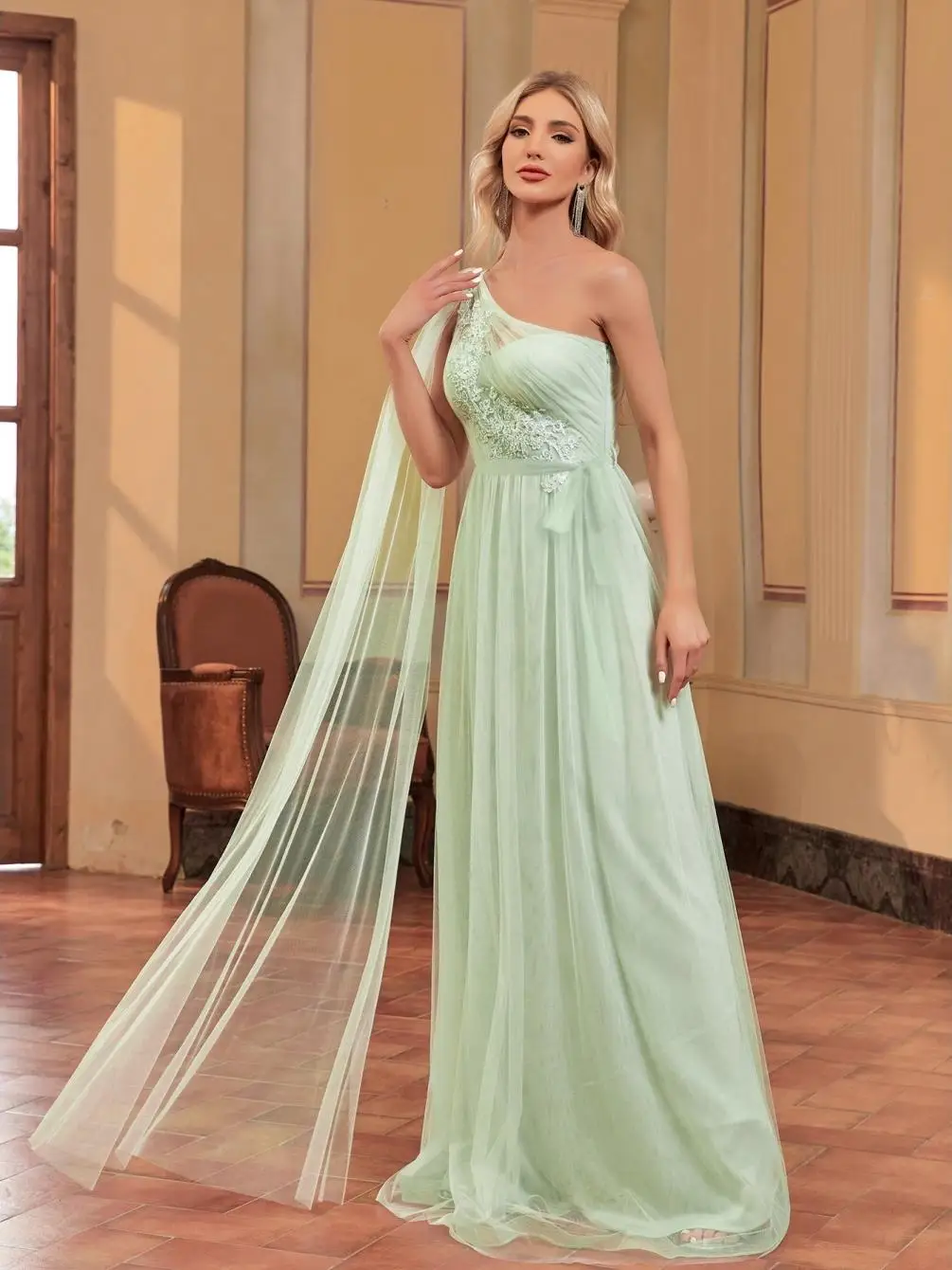 Nouveau bal Dr avec fleur Sti longue Sve en mousseline de soie longueur au sol robe de soirée pour demoiselle d'honneur Par célébration de mariage