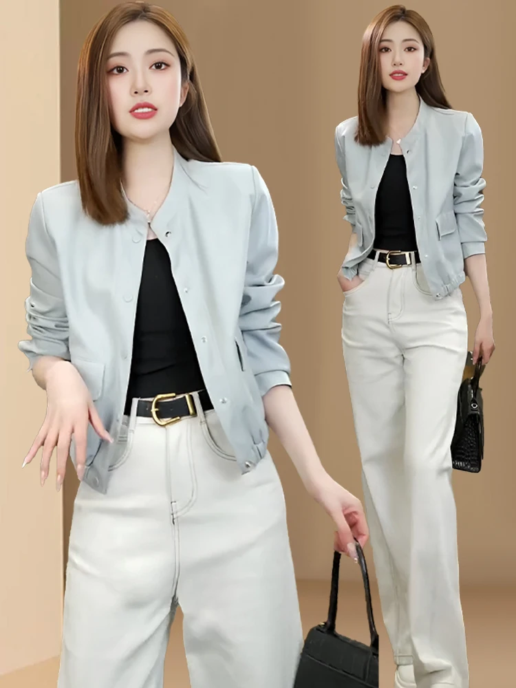 

Fashionable Biker Leather Jacket Women's Spring Autumn New Style Small Size American Retro Stand Collar Jacket Coat