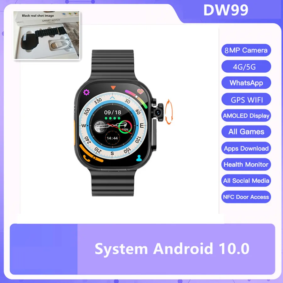 DW99 Smartwatch SIM-Karte 4G/5G Android 10.0 2,2 Zoll AMOLED GPS NFC WIFI Al Voice Apps Download WhatsApp Männer Frauen Uhr