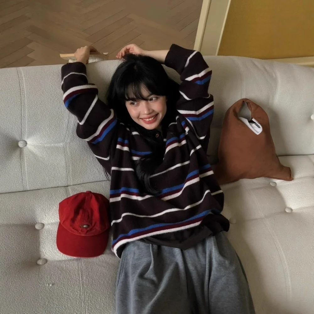 

Women's Loose Long Sleeve Casual Lazy Style Top Autumn Fashion Comfortable Woolen Retro Striped Polo Collar Knitted Sweater