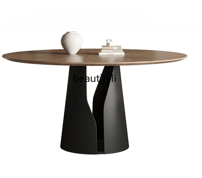 E153  Retro Style Solid Wood round Table Household Small Apartment High-End Black Walnut Wooden round Table with Turntable