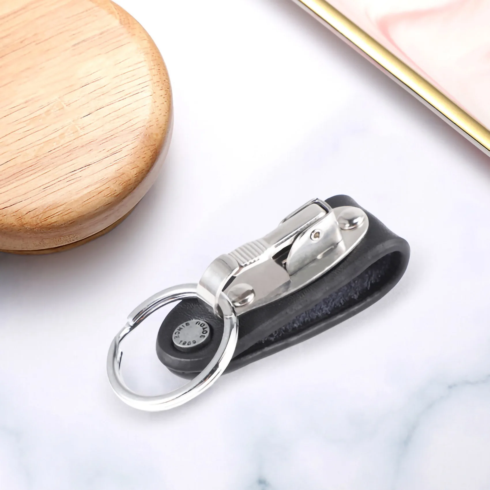 Stainless Steel Keyring Design Faux Leather Belt Loop Key Chain