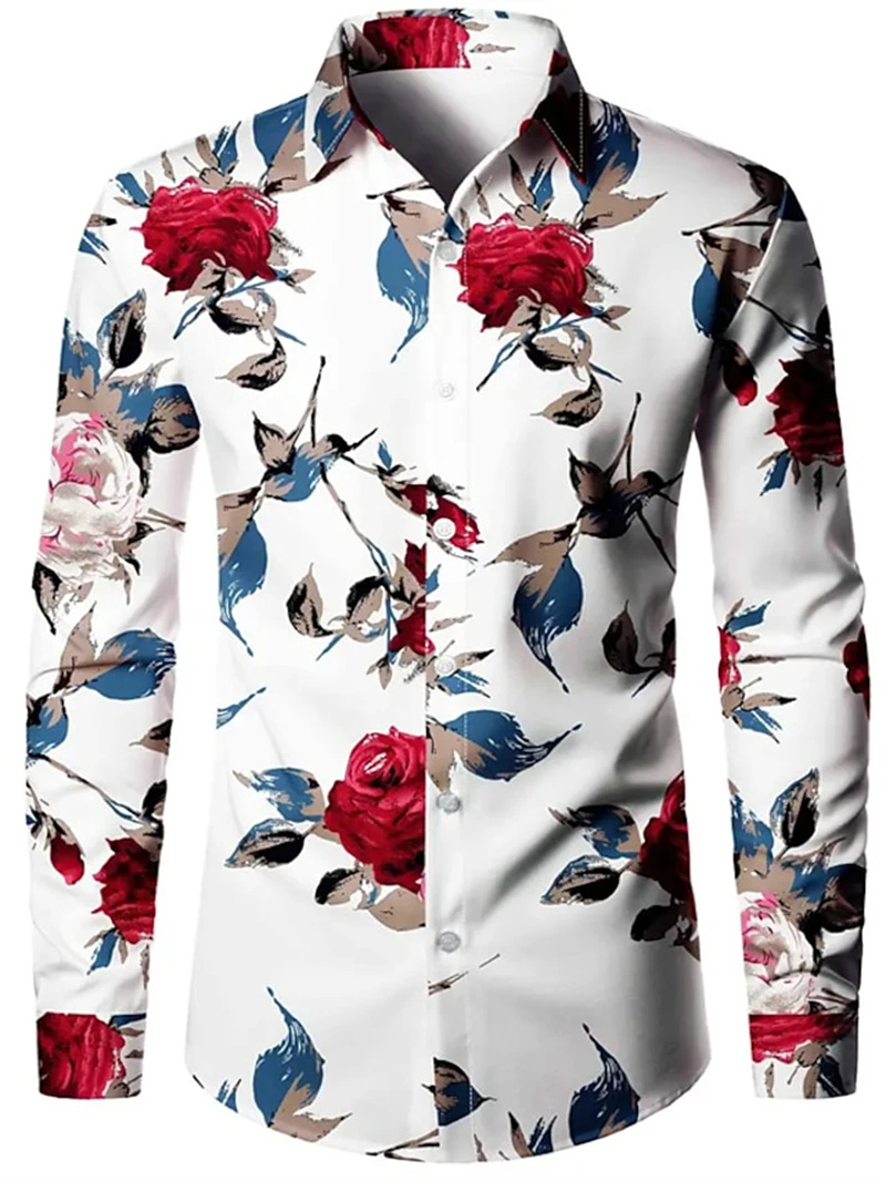 Herren Red Rose Print Langarmhemd Herren lässig vielseitig Mode Street Herren hemd Revers Einreiher Langarm