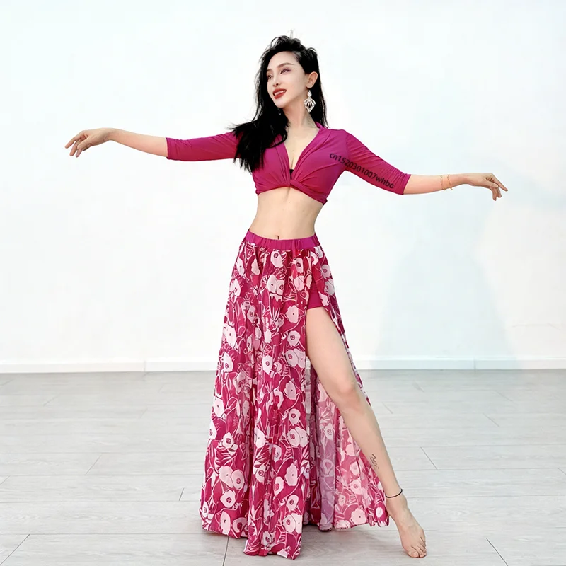 

BellyDance Practice Suit Tie Top Green Printed Chiffon Big Swing Skirt For Women Oriental Dance Eastern Dance Performance Wear