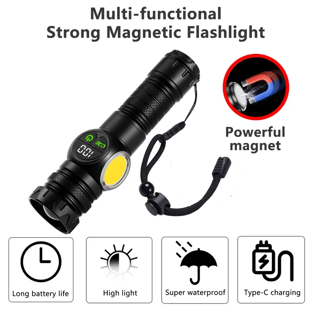 E2 USB Rechargeable LED Powerful Flashlight edc Torch Screen Digital Display Tail Magnet COB Side Light Long Distance Flashlight