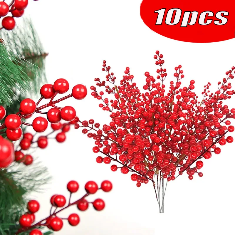 10pc Artificial Red Berry Flowers Bouquet Fake Plant for Home Vase Decor Xmas Tree Ornaments Christmas Decoration New Year Party