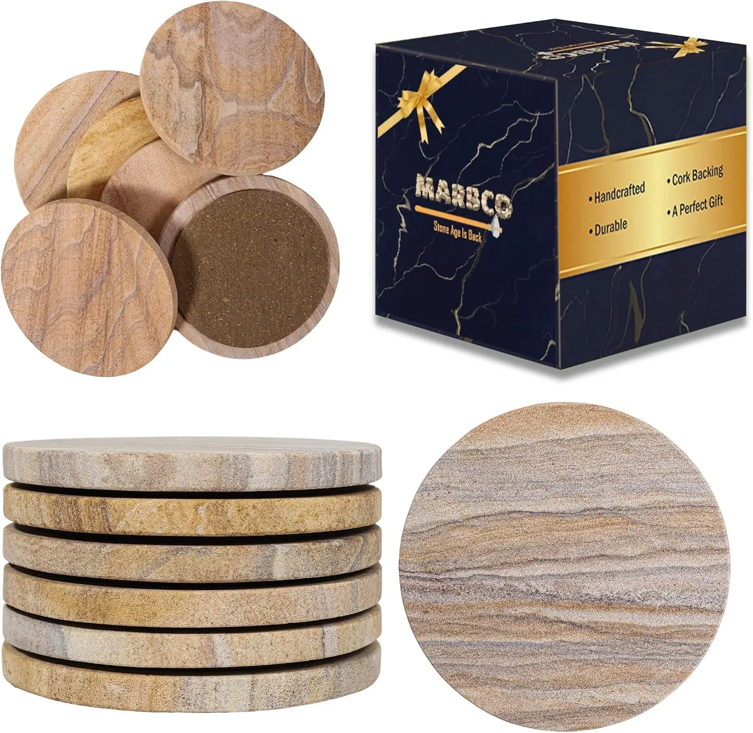 

Rainbow Sandstone Drink Coasters, Set of 6, Handcrafted Water Absorbent for Bar or Home