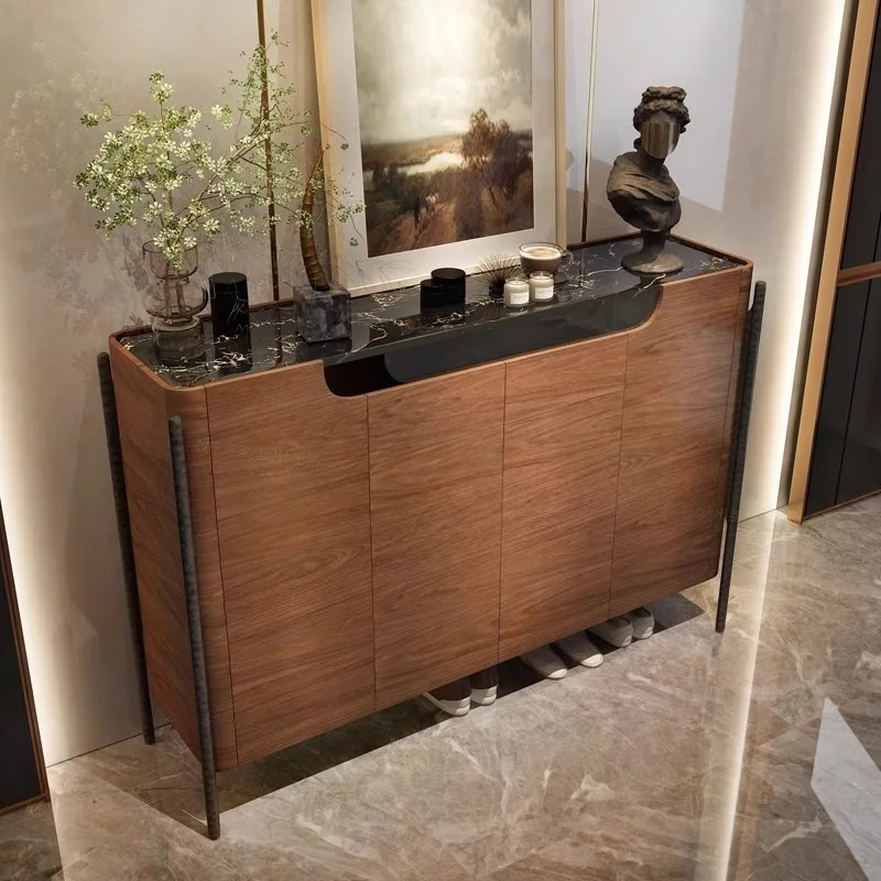 

French light luxury solid wood entrance shoe cabinet integrated villa foyer marble locker medium antique decorative cabinet