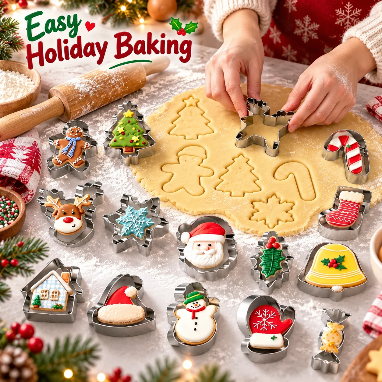 15PCS Christmas Cookie Cutter Set Food-Safe Stainless Steel Snowflake Tree Shapes for Cookie Pancake Pastry Dessert Home Baking