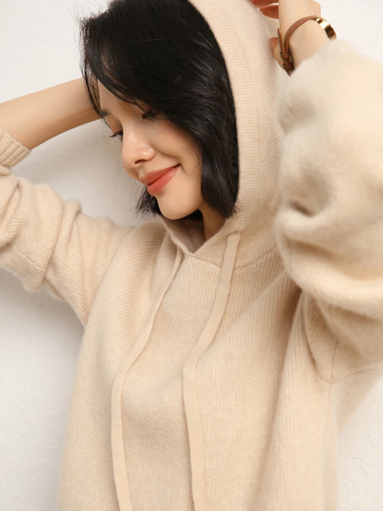 

MEELEX High-quality Women Hooded Pullover Loose Fashion Spring Autumn Winter Sweater Knitted Elastic Thick 100% Cashmere Tops