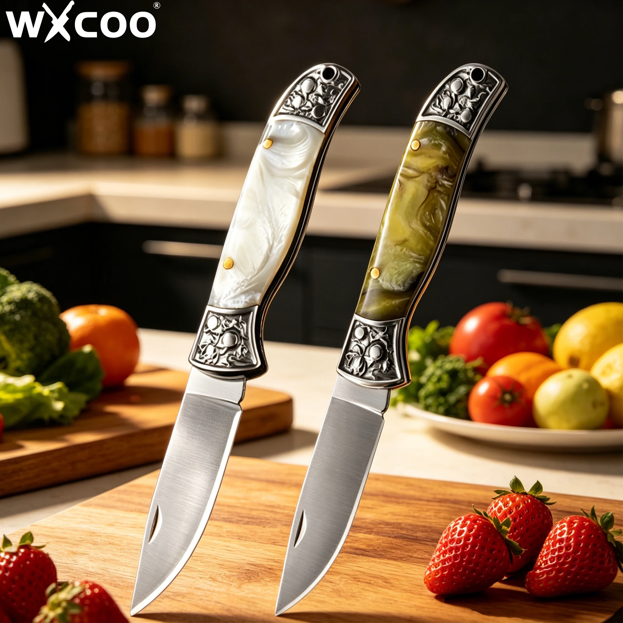 WXCOO Klappbares Obstmesser Haushaltsmesser aus Edelstahl Zitronenschäler Gemüsemesser Küchenmesser Taschenmesser mit Harz-/Holzgriff