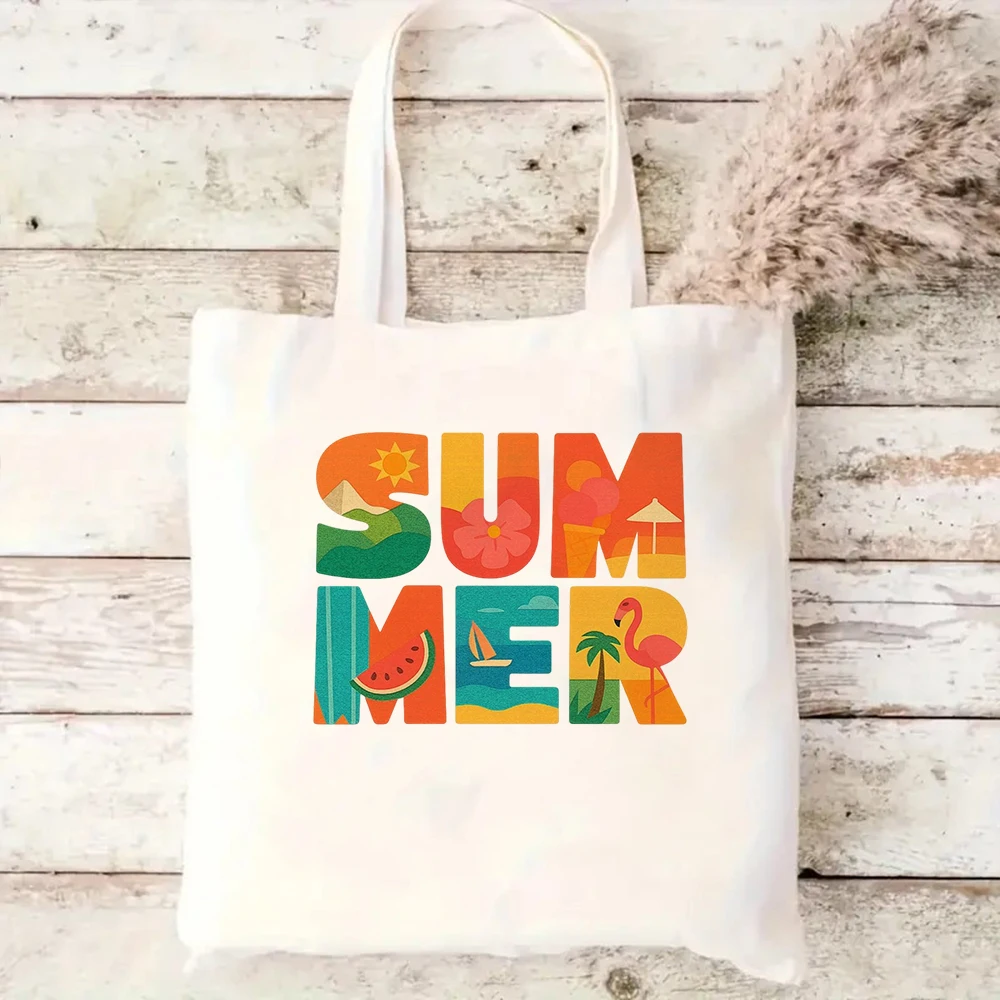 Cute Summer Canvas Tote Bag Retro Watermelon Sailboat Palm Tree Graphic Reusable Shopping Grocery Shoulder Handbag Purse